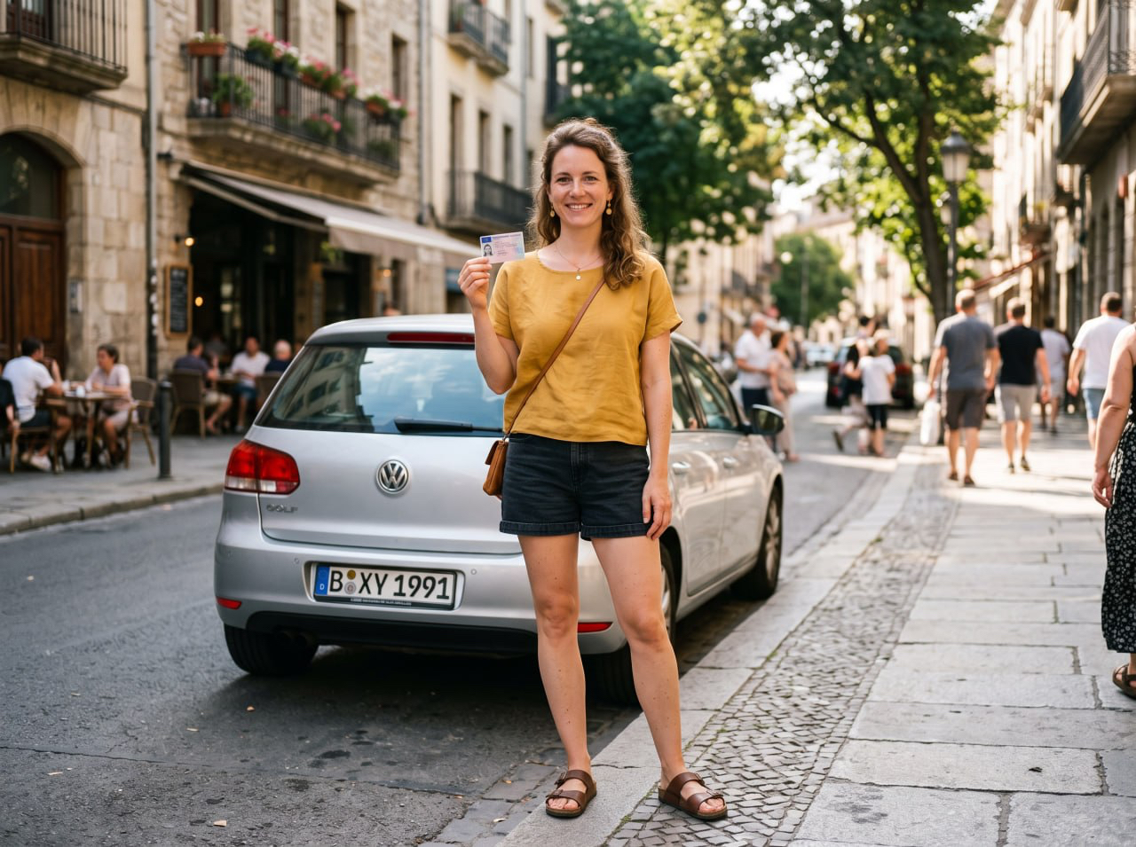 Client with her new licence next to a driving school car