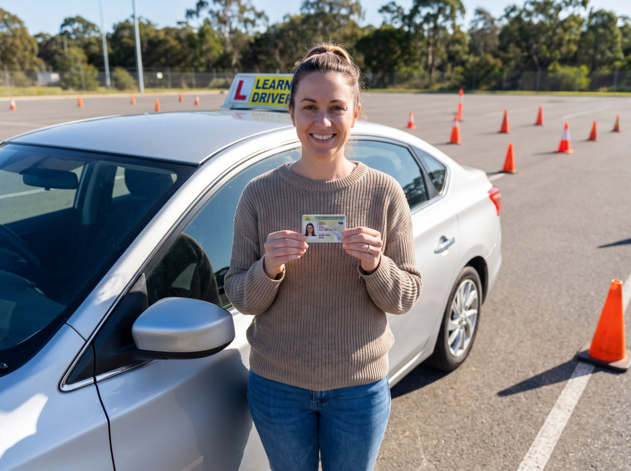 Client holding her new EU driving licence on a city street