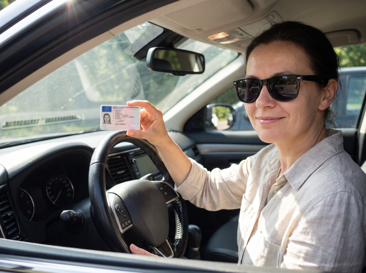Client at the wheel holding up her driving licence