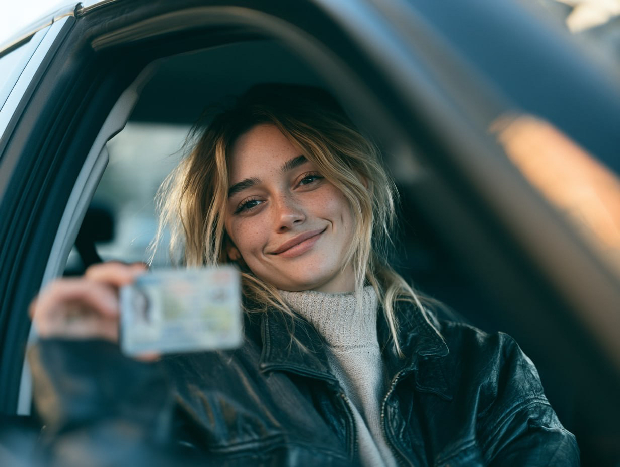 Client in sunglasses showing her licence through the car window